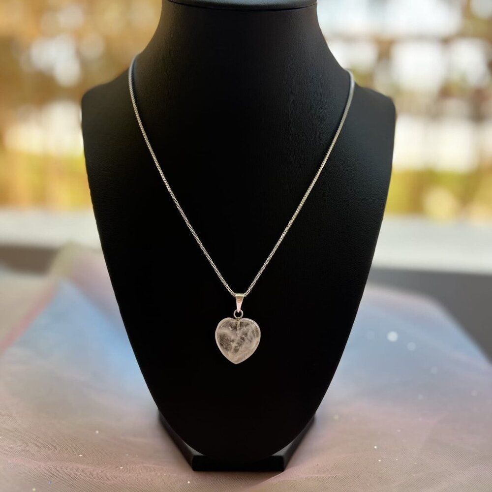 925 Sterling Silver Pink Quartz Heart Shape Natural Stone Necklace